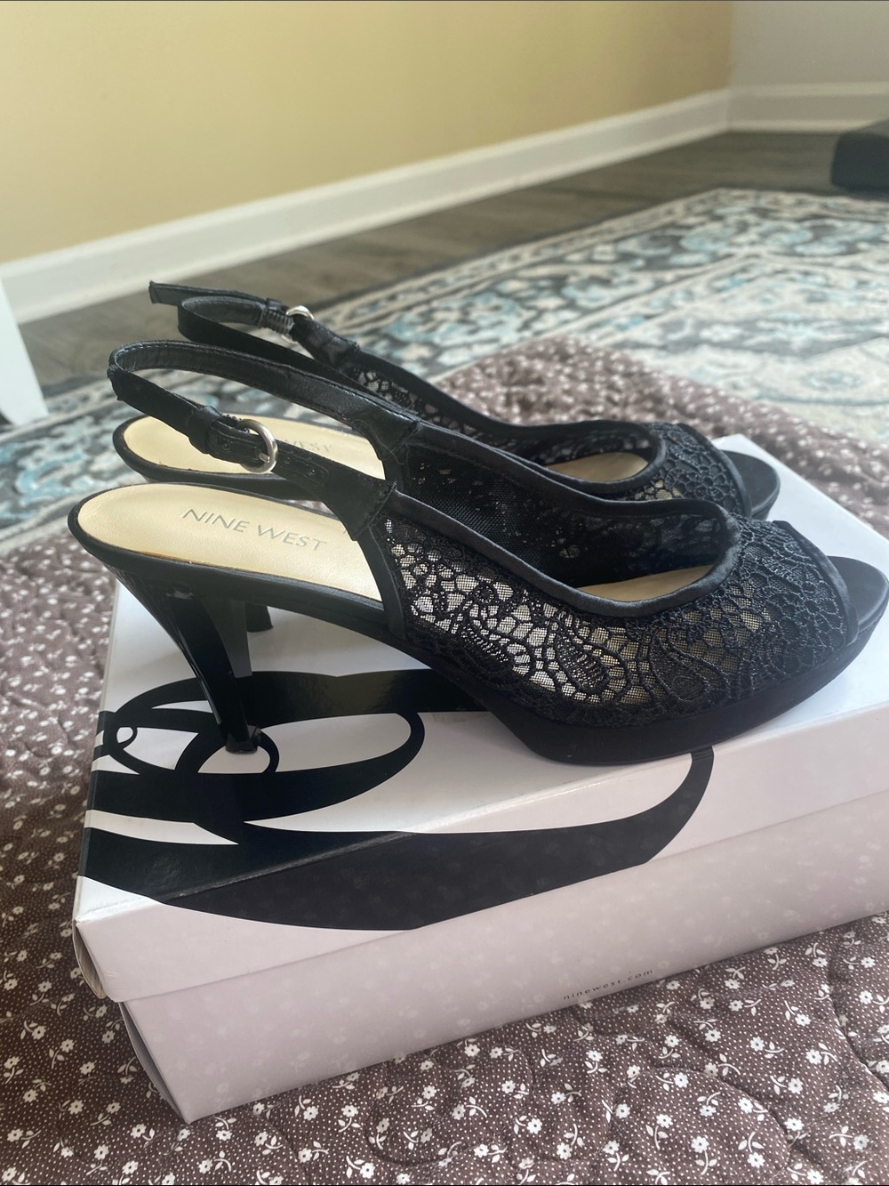 Nine West Black Lace Slingback Peep-Toe Heels